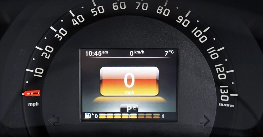 Close-up of a luxury car dashboard with a digital speedometer and sleek design features.